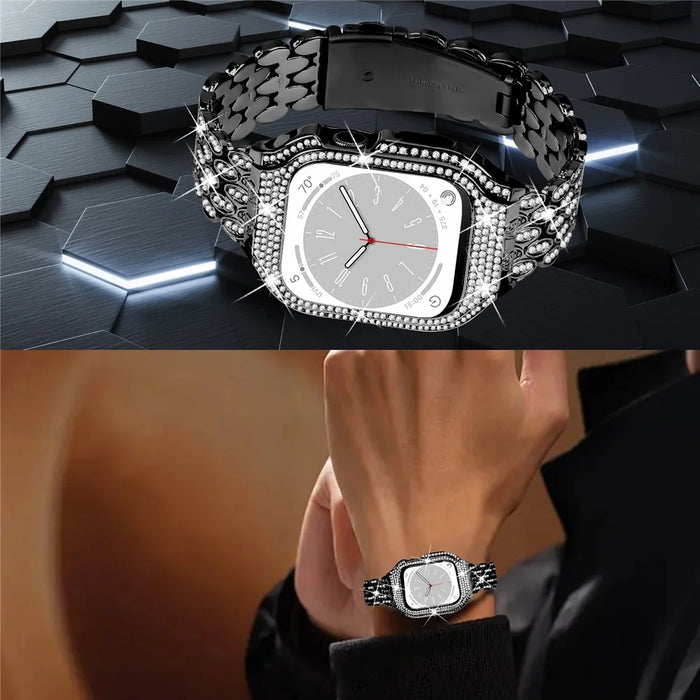 For Apple Watch Series 6 5 4 SE (2022) SE 40mm Watch Band Stainless Steel Rhinestone Decor Strap with Watch Case - Black - 2
