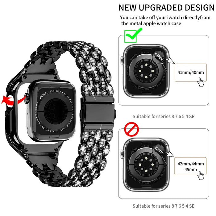 For Apple Watch Series 6 5 4 SE (2022) SE 40mm Watch Band Stainless Steel Rhinestone Decor Strap with Watch Case - Black - 3