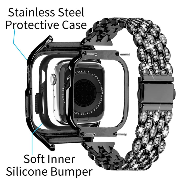 For Apple Watch Series 6 5 4 SE (2022) SE 40mm Watch Band Stainless Steel Rhinestone Decor Strap with Watch Case - Black - 4