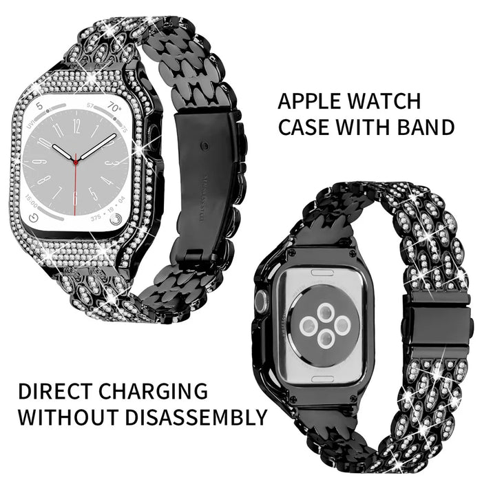 For Apple Watch Series 6 5 4 SE (2022) SE 40mm Watch Band Stainless Steel Rhinestone Decor Strap with Watch Case - Black - 5