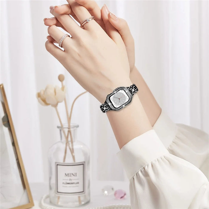 For Apple Watch Series 6 5 4 SE (2022) SE 40mm Watch Band Stainless Steel Rhinestone Decor Strap with Watch Case - Black - 7