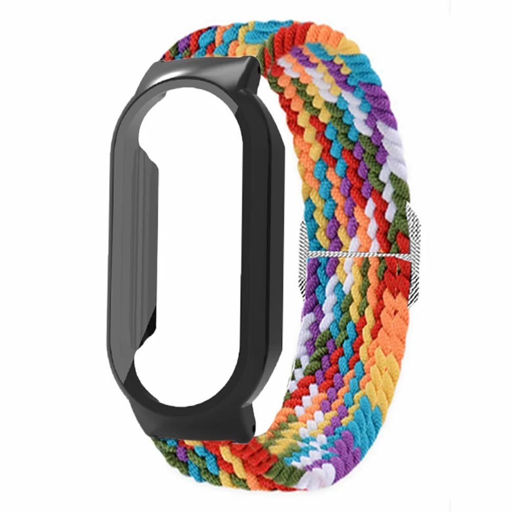 For Xiaomi Smart Band 8 Braided Nylon Watch Band Elastic Wrist Strap with Watch Case and Screen Protector - Rainbow+Black Case - 1