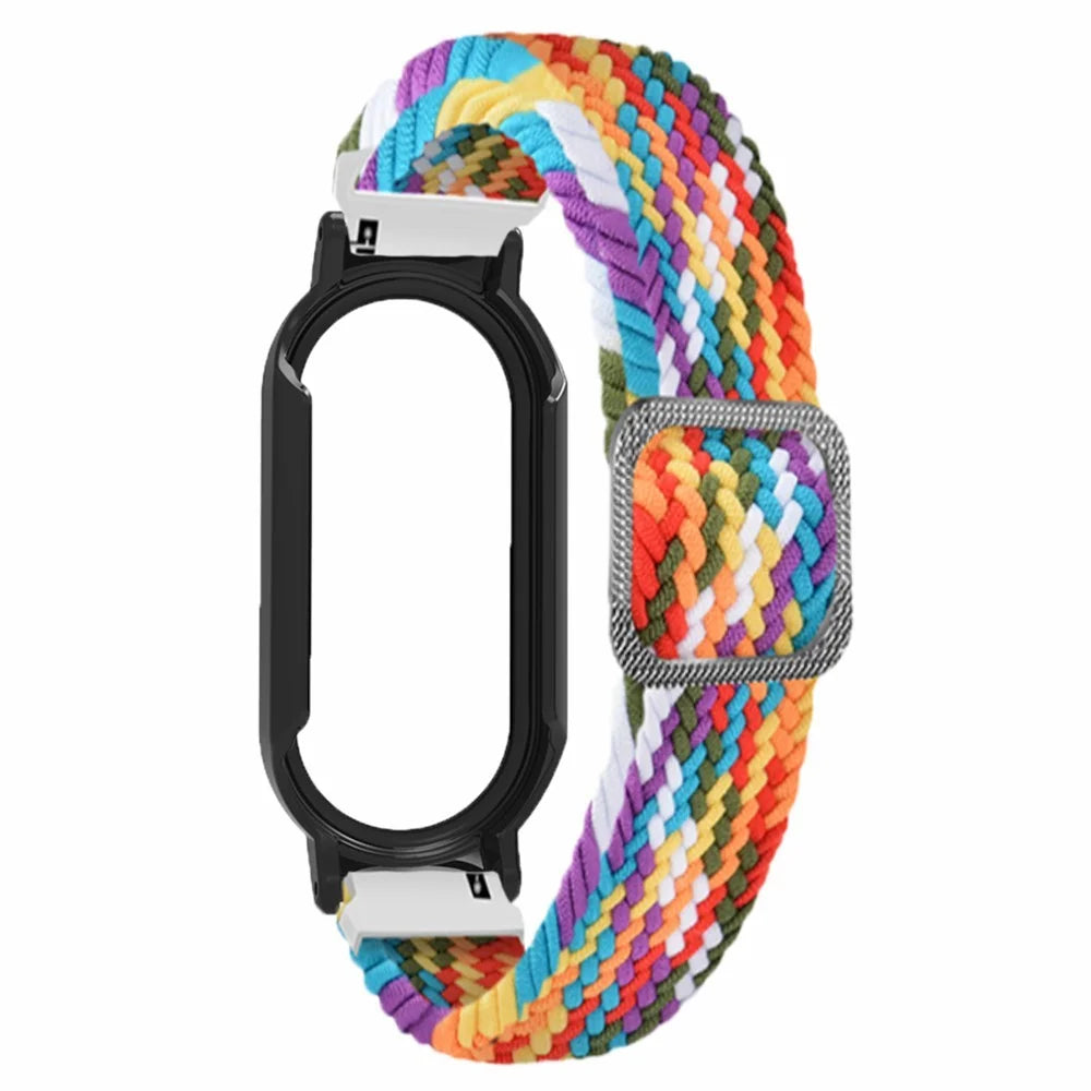 For Xiaomi Smart Band 8 Braided Nylon Watch Band Elastic Wrist Strap with Watch Case and Screen Protector - Rainbow+Black Case - 2