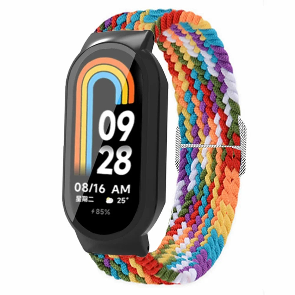For Xiaomi Smart Band 8 Braided Nylon Watch Band Elastic Wrist Strap with Watch Case and Screen Protector - Rainbow+Black Case - 3