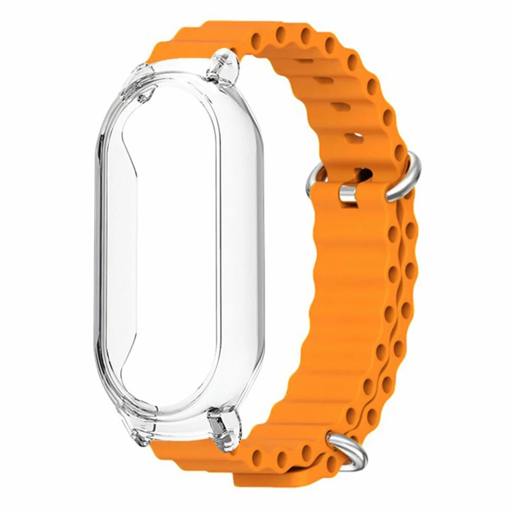 For Xiaomi Smart Band 8 Silicone Watch Strap Adjustable Ocean Watch Band with Transparent Case - Orange+Transparent Case - 1