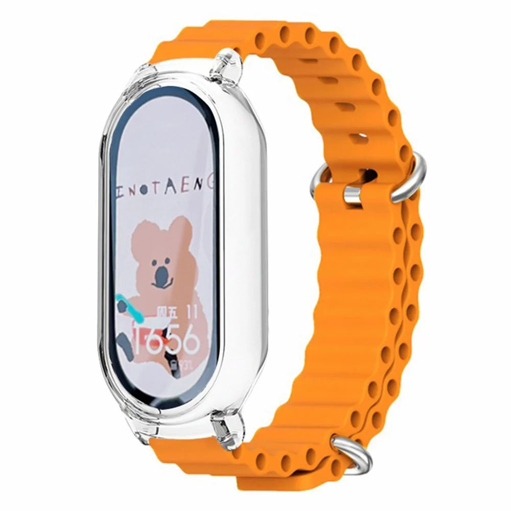 For Xiaomi Smart Band 8 Silicone Watch Strap Adjustable Ocean Watch Band with Transparent Case - Orange+Transparent Case - 2