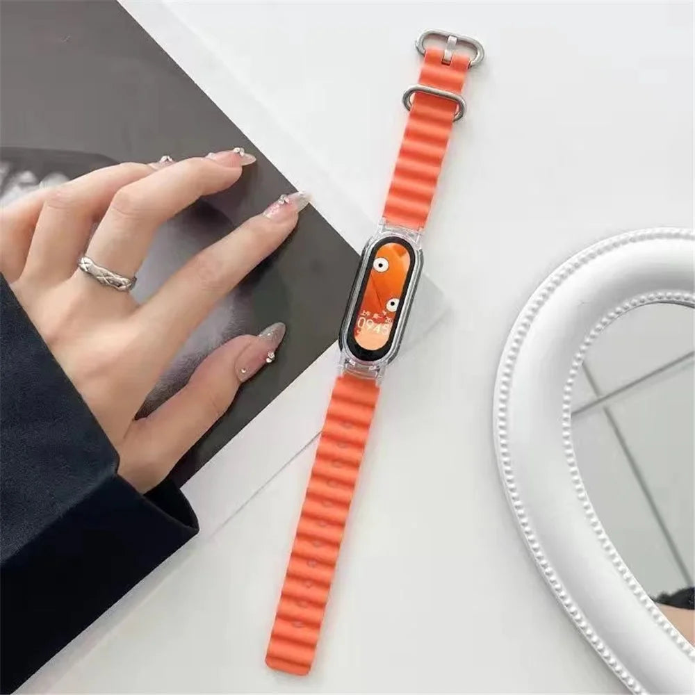 For Xiaomi Smart Band 8 Silicone Watch Strap Adjustable Ocean Watch Band with Transparent Case - Orange+Transparent Case - 3