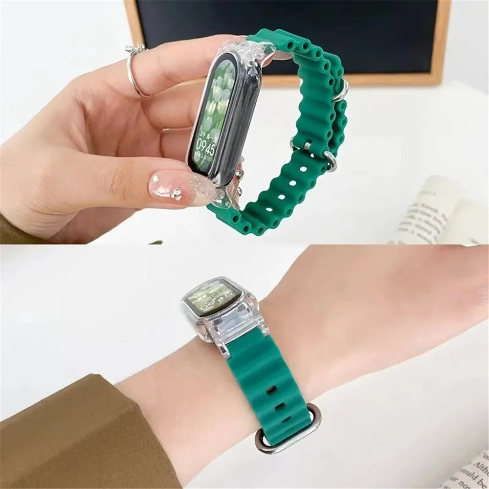 For Xiaomi Smart Band 8 Silicone Watch Strap Adjustable Ocean Watch Band with Transparent Case - Orange+Transparent Case - 5