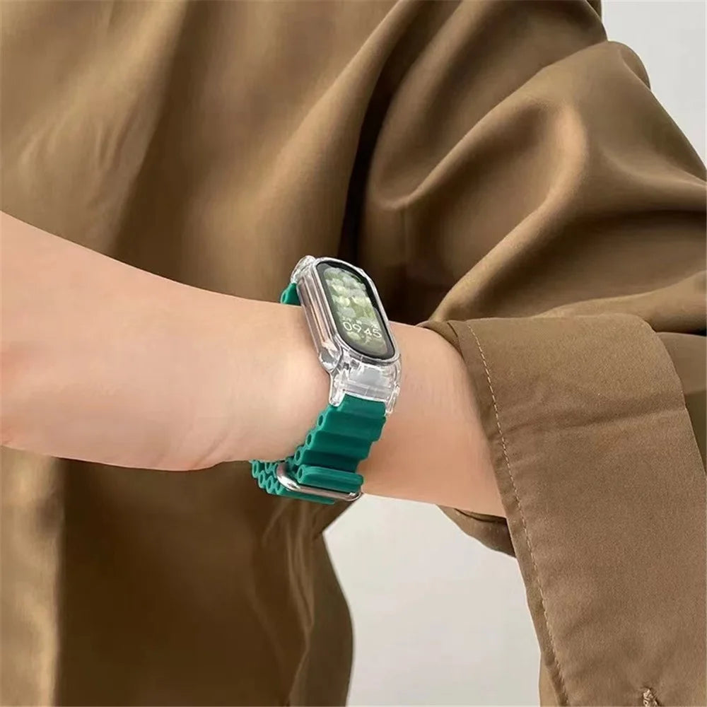 For Xiaomi Smart Band 8 Silicone Watch Strap Adjustable Ocean Watch Band with Transparent Case - Orange+Transparent Case - 6