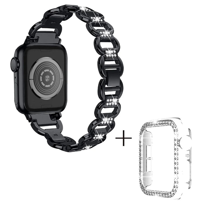 For Apple Watch Series 1 / 2 / 3 38mm Rhinestones Decor Oval Alloy Wrist Strap + Transparent PC Watch Case - Black - 1
