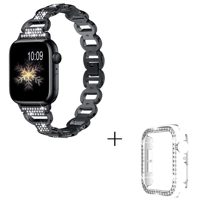 For Apple Watch Series 1 / 2 / 3 38mm Rhinestones Decor Oval Alloy Wrist Strap + Transparent PC Watch Case - Black - 2