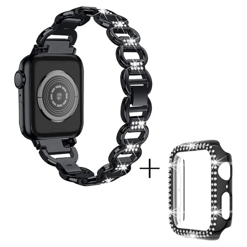 For Apple Watch Series 1 / 2 / 3 38mm Rhinestones Decor Strap Oval Alloy Wrist Band + PC Watch Case - Black - 1