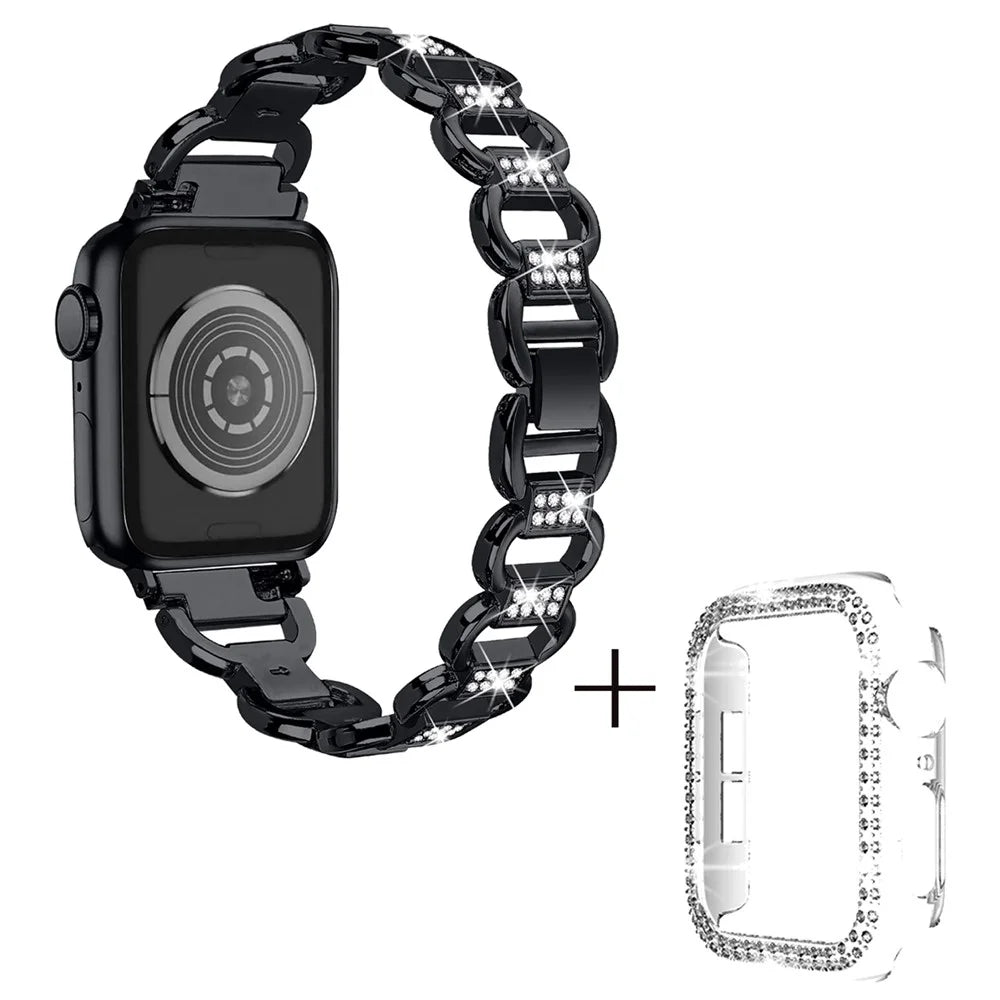 For Apple Watch Series 1 / 2 / 3 42mm Rhinestones Decor Oval Alloy Replacement Strap + Clear PC Watch Case - Black - 1