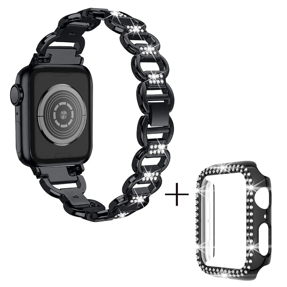 For Apple Watch Series 1 / 2 / 3 42mm Oval Alloy Strap Rhinestones Decor Watch Band + PC Watch Case - Black - 1