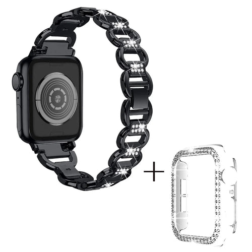 For Apple Watch Series 7 / 8 41mm Replacement Strap Rhinestones Decor Oval Alloy Band + Clear PC Watch Case - Black - 1