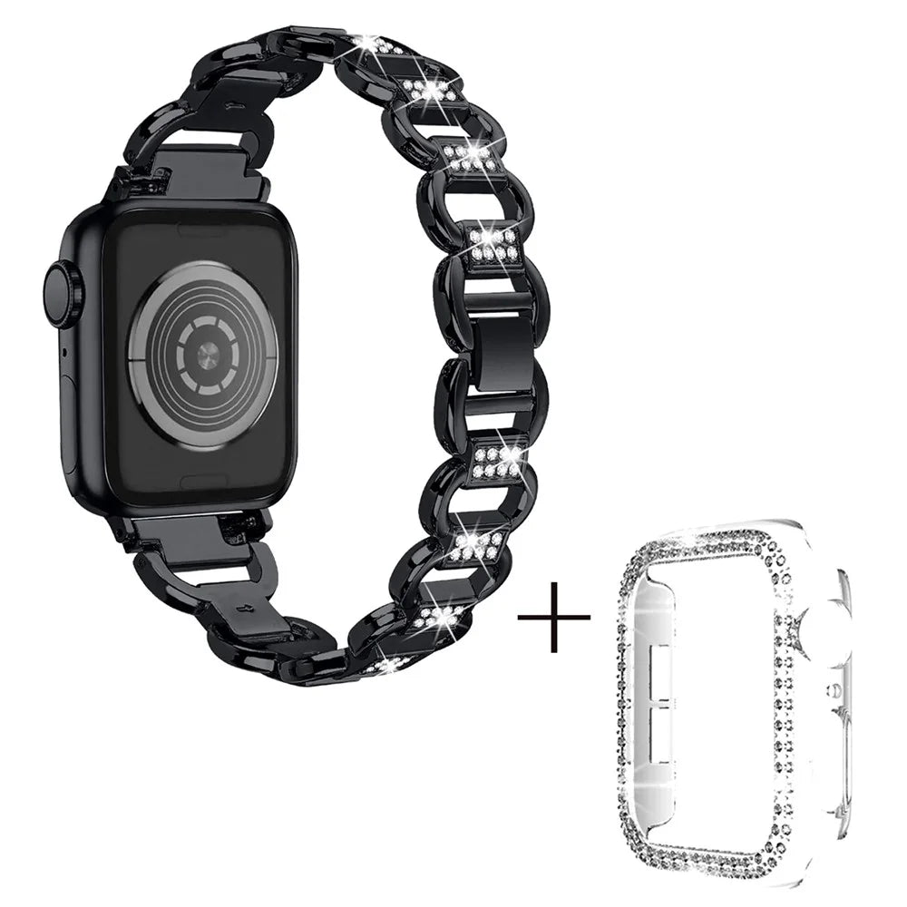 For Apple Watch Series 7 / 8 41mm Replacement Strap Rhinestones Decor Oval Alloy Band + Clear PC Watch Case - Black - 1