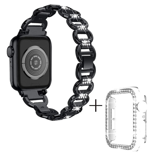 For Apple Watch Series 7 / 8 45mm Oval Alloy Strap Rhinestones Decor Wrist Band + PC Clear Watch Case - Black - 1