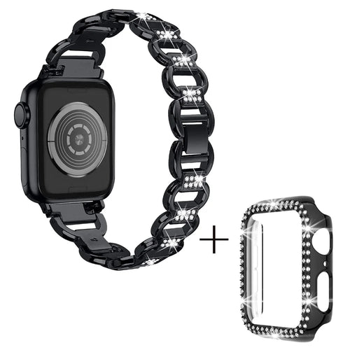 For Apple Watch Series 7 / 8 41mm Replacement Rhinestones Decor Oval Alloy Strap + PC Watch Protective Case - Black - 1