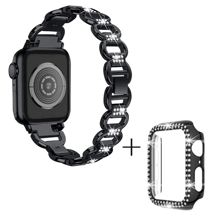 For Apple Watch Series 7 / 8 41mm Replacement Rhinestones Decor Oval Alloy Strap + PC Watch Protective Case - Black - 1