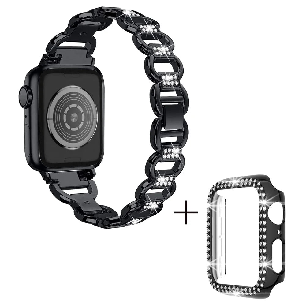 For Apple Watch Series 7 / 8 45mm Oval Alloy Wrist Strap Rhinestones Decor Watchband + PC Watch Case - Black - 1