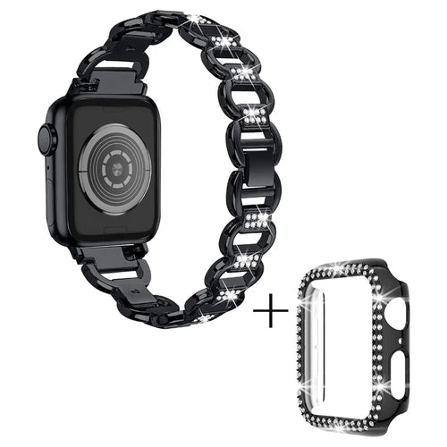For Apple Watch Ultra 49mm Rhinestones Decor Oval Shape Alloy Watch Strap + PC Anti-scratch Watch Case - Black - 1