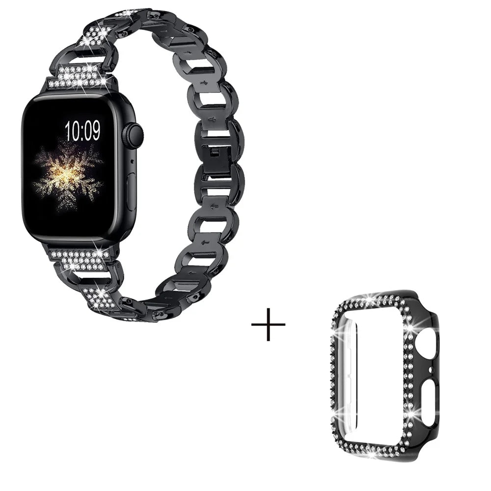 For Apple Watch Ultra 49mm Rhinestones Decor Oval Shape Alloy Watch Strap + PC Anti-scratch Watch Case - Black - 2