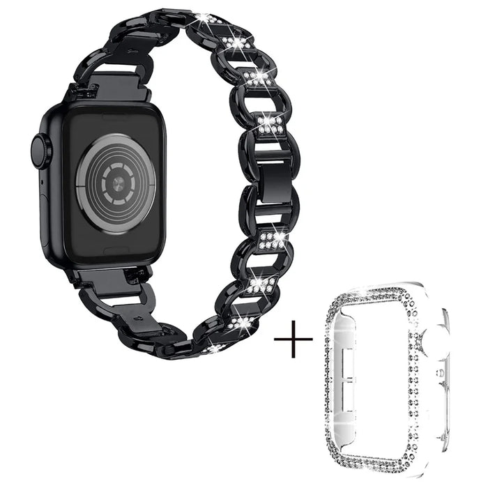 For Apple Watch Ultra 49mm Rhinestones Decor Replacement Oval Shape Alloy Strap + PC Clear Watch Case - Black - 1