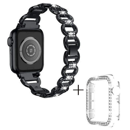 For Apple Watch Series 4 / 5 / 6 / SE / SE (2022) 44mm Rhinestones Decor Oval Shape Alloy Wrist Strap + PC Clear Watch Case - Black - 1