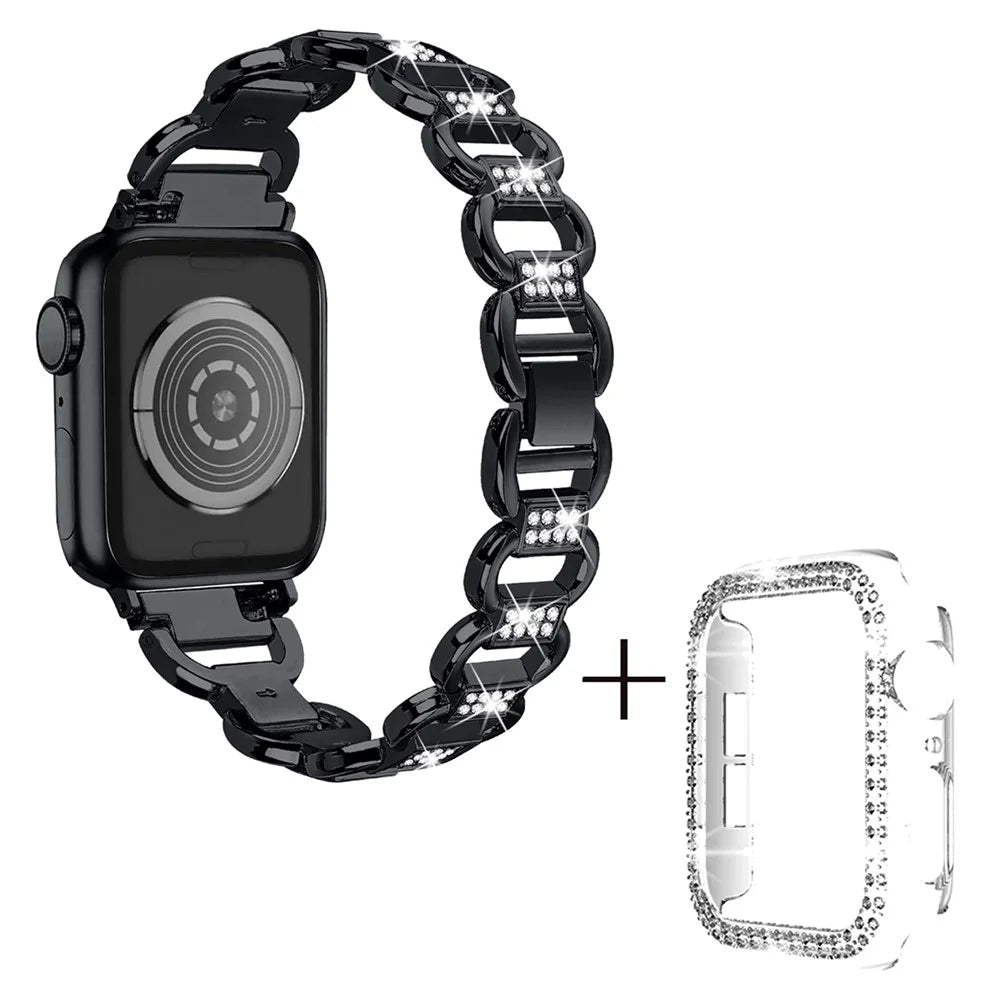 For Apple Watch Series 4 / 5 / 6 / SE / SE (2022) 40mm Rhinestones Decor Oval Alloy Replace Strap + Transparent PC Watch Case - Black - 1