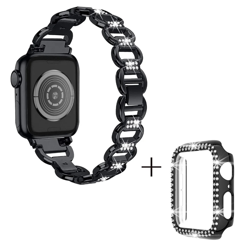 For Apple Watch Series 4 / 5 / 6 / SE / SE (2022) 44mm Oval Alloy Rhinestones Decor Watch Strap + PC Anti-drop Watch Case - Black - 1