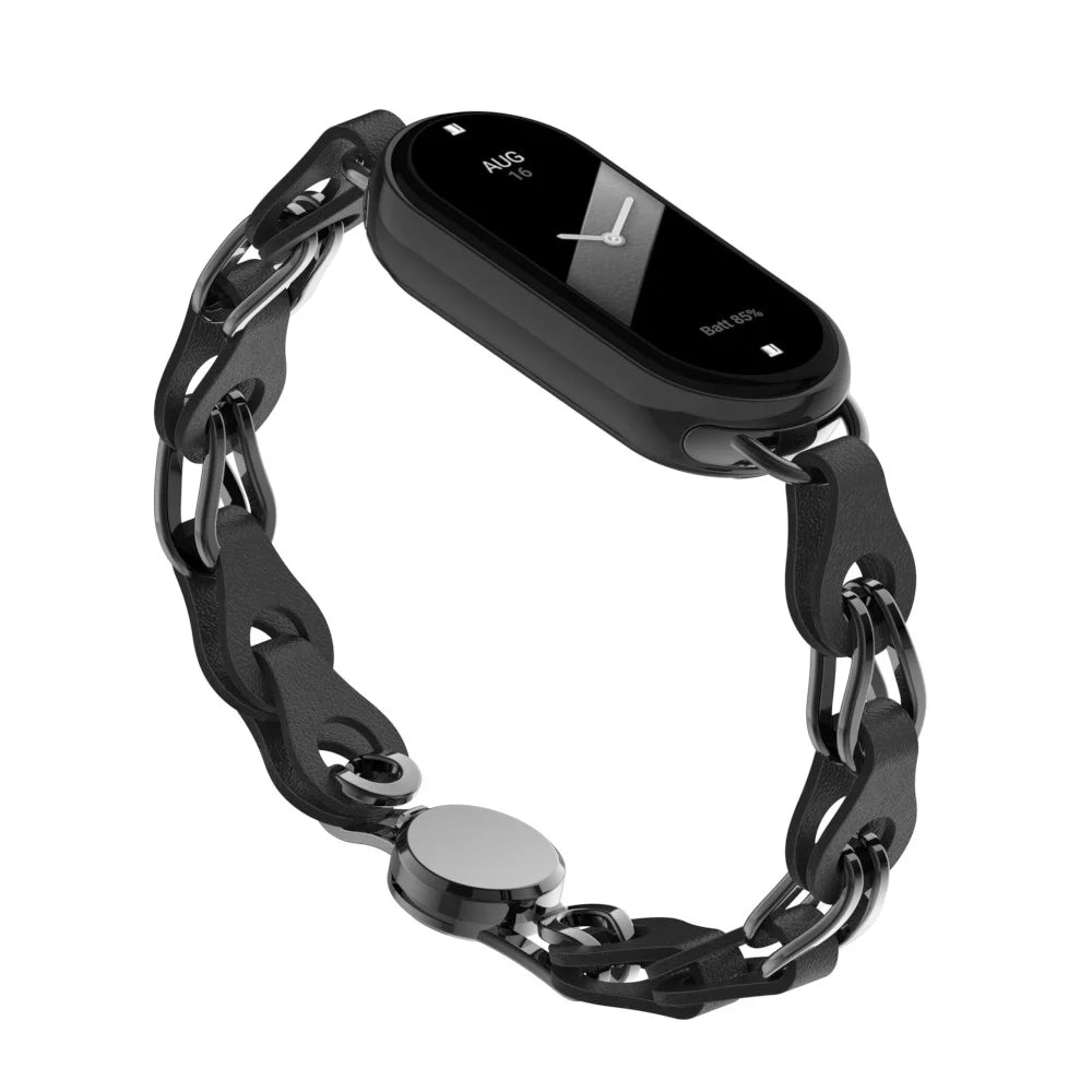 For Xiaomi Smart Band 9 NFC / 9 / 8 NFC / 8 Watch Band Genuine Cow Leather+Aluminum Alloy Chain Bracelet - Black - 2