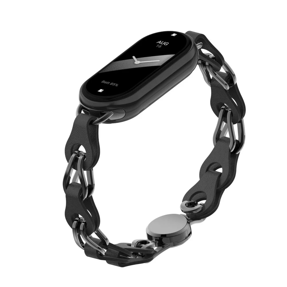 For Xiaomi Smart Band 9 NFC / 9 / 8 NFC / 8 Watch Band Genuine Cow Leather+Aluminum Alloy Chain Bracelet - Black - 3