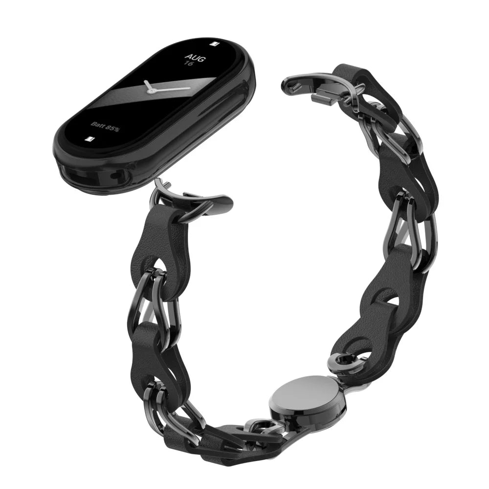 For Xiaomi Smart Band 9 NFC / 9 / 8 NFC / 8 Watch Band Genuine Cow Leather+Aluminum Alloy Chain Bracelet - Black - 4
