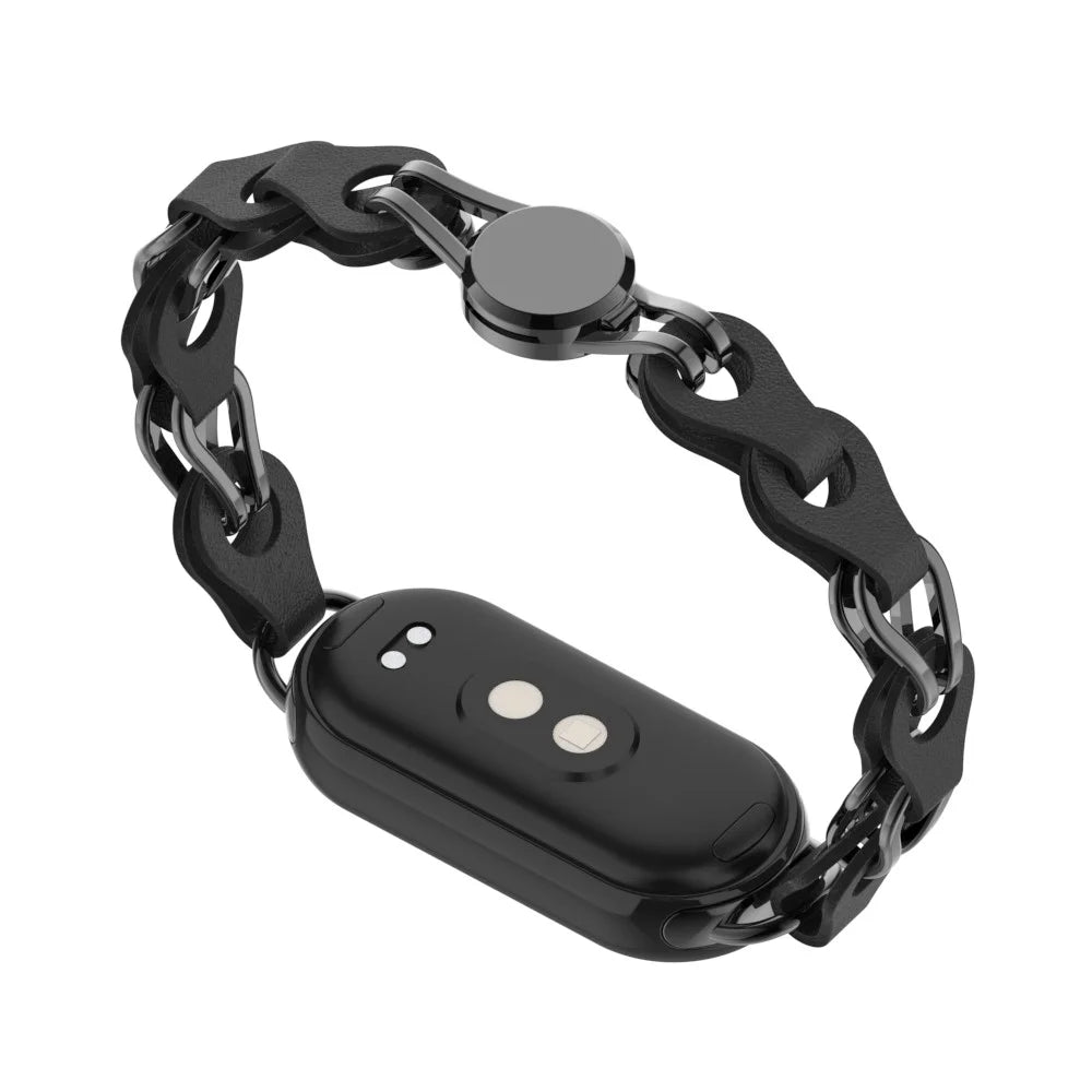 For Xiaomi Smart Band 9 NFC / 9 / 8 NFC / 8 Watch Band Genuine Cow Leather+Aluminum Alloy Chain Bracelet - Black - 5