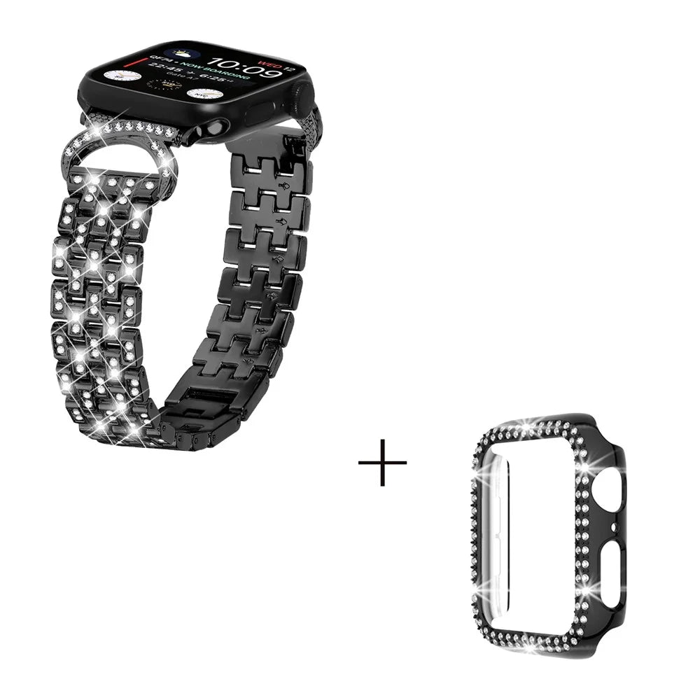 Rhinestone Decor Watch Band for Apple Watch Series 3 2 1 42mm , 5-Bead Stainless Steel Strap + PC Watch Case - Black - 2