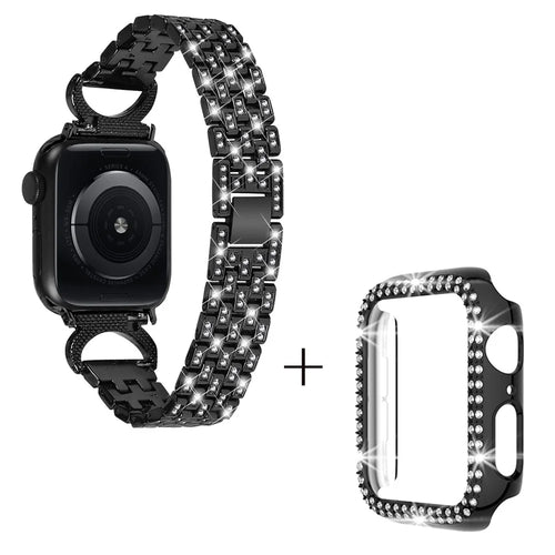 Watch Band with PC Case for Apple Watch Series 8 7 41mm , Rhinestone Decor 5-Bead Stainless Steel Replacement Strap - Black - 1