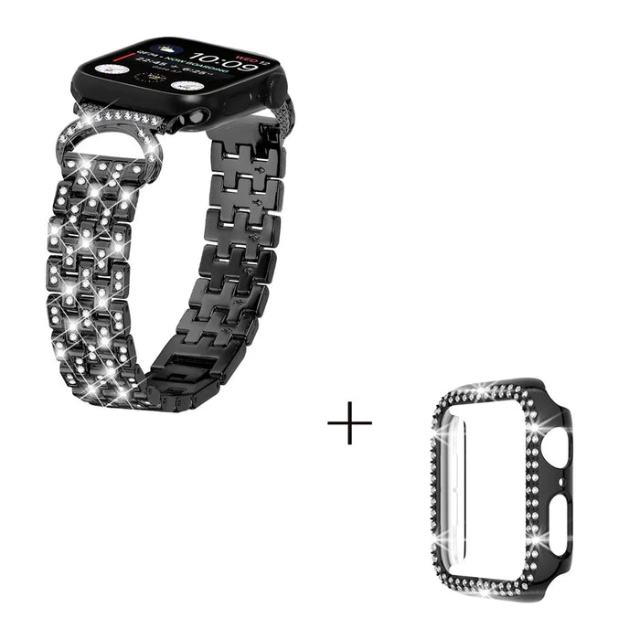 Watch Band with PC Case for Apple Watch Series 8 7 41mm , Rhinestone Decor 5-Bead Stainless Steel Replacement Strap - Black - 2