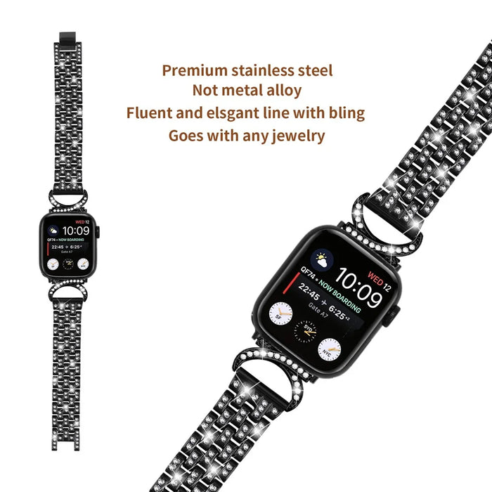 Watch Band with PC Case for Apple Watch Series 8 7 41mm , Rhinestone Decor 5-Bead Stainless Steel Replacement Strap - Black - 3