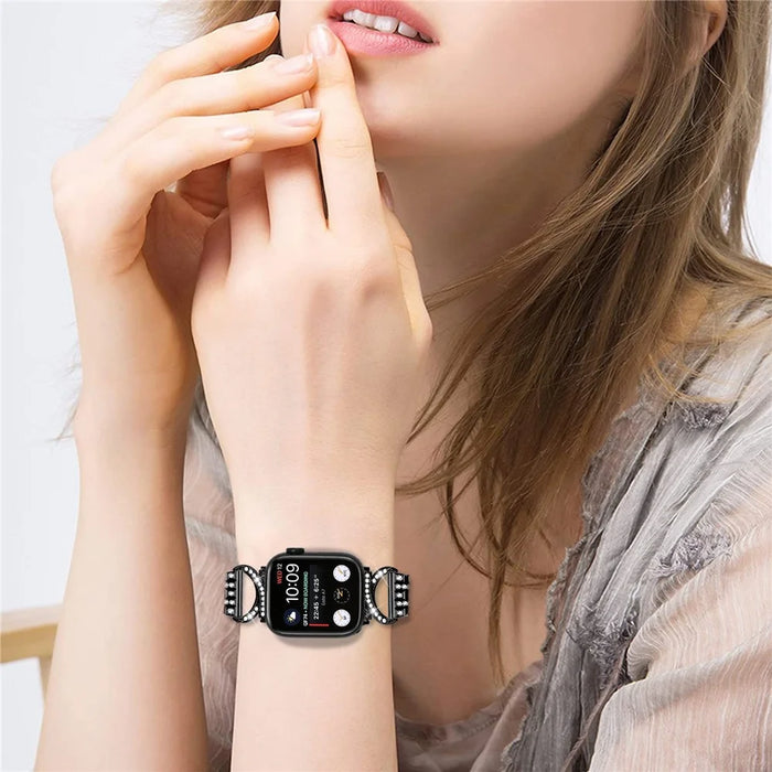 Watch Band with PC Case for Apple Watch Series 8 7 41mm , Rhinestone Decor 5-Bead Stainless Steel Replacement Strap - Black - 6