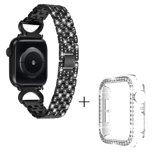 Watch Bands with Clear PC Case for Apple Watch Series 8 7 45mm , 5-Bead Rhinestone Decor Stainless Steel Strap Replacement - Black - 1