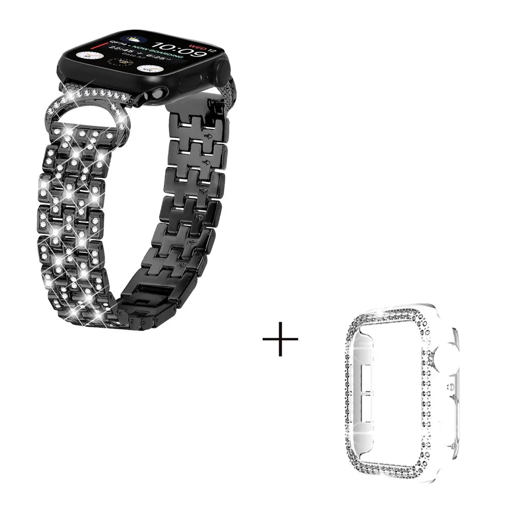 Watch Bands with Clear PC Case for Apple Watch Series 8 7 45mm , 5-Bead Rhinestone Decor Stainless Steel Strap Replacement - Black - 2