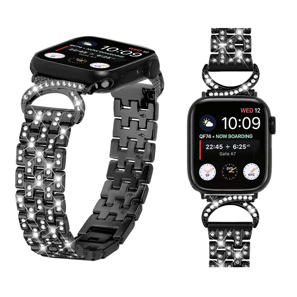 Watch Bands with Clear PC Case for Apple Watch Series 8 7 45mm , 5-Bead Rhinestone Decor Stainless Steel Strap Replacement - Black - 4