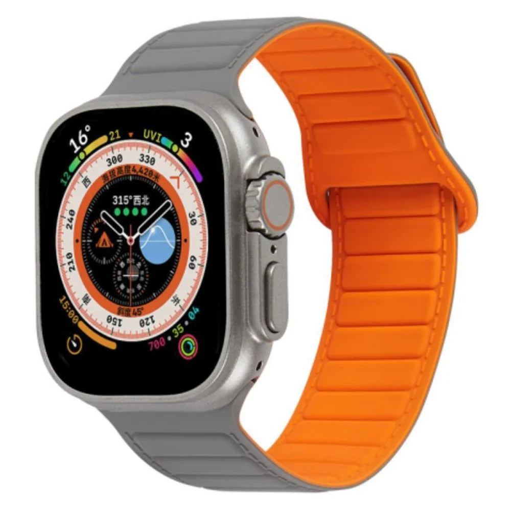 Watch Strap for Apple Watch Series 11 10 42mm / 9 8 7 41mm / SE3 SE2 SE 6 5 4 40mm / 3 2 1 38mm Magnetic Silicone Color Match Watchband - Grey / Orange - 2