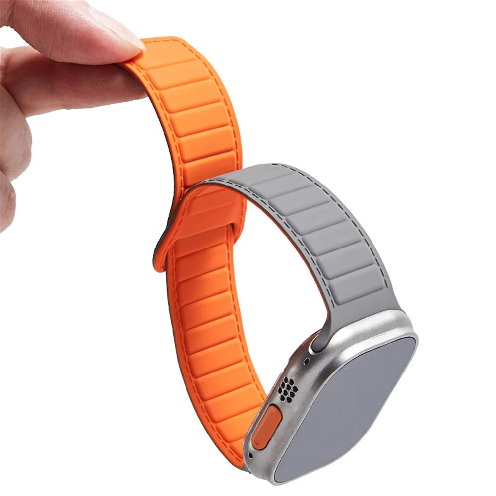 Watch Strap for Apple Watch Series 11 10 42mm / 9 8 7 41mm / SE3 SE2 SE 6 5 4 40mm / 3 2 1 38mm Magnetic Silicone Color Match Watchband - Grey / Orange - 3