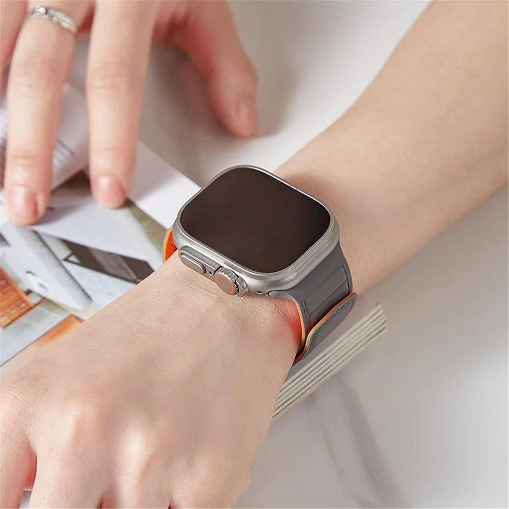 Watch Strap for Apple Watch Series 11 10 42mm / 9 8 7 41mm / SE3 SE2 SE 6 5 4 40mm / 3 2 1 38mm Magnetic Silicone Color Match Watchband - Grey / Orange - 6