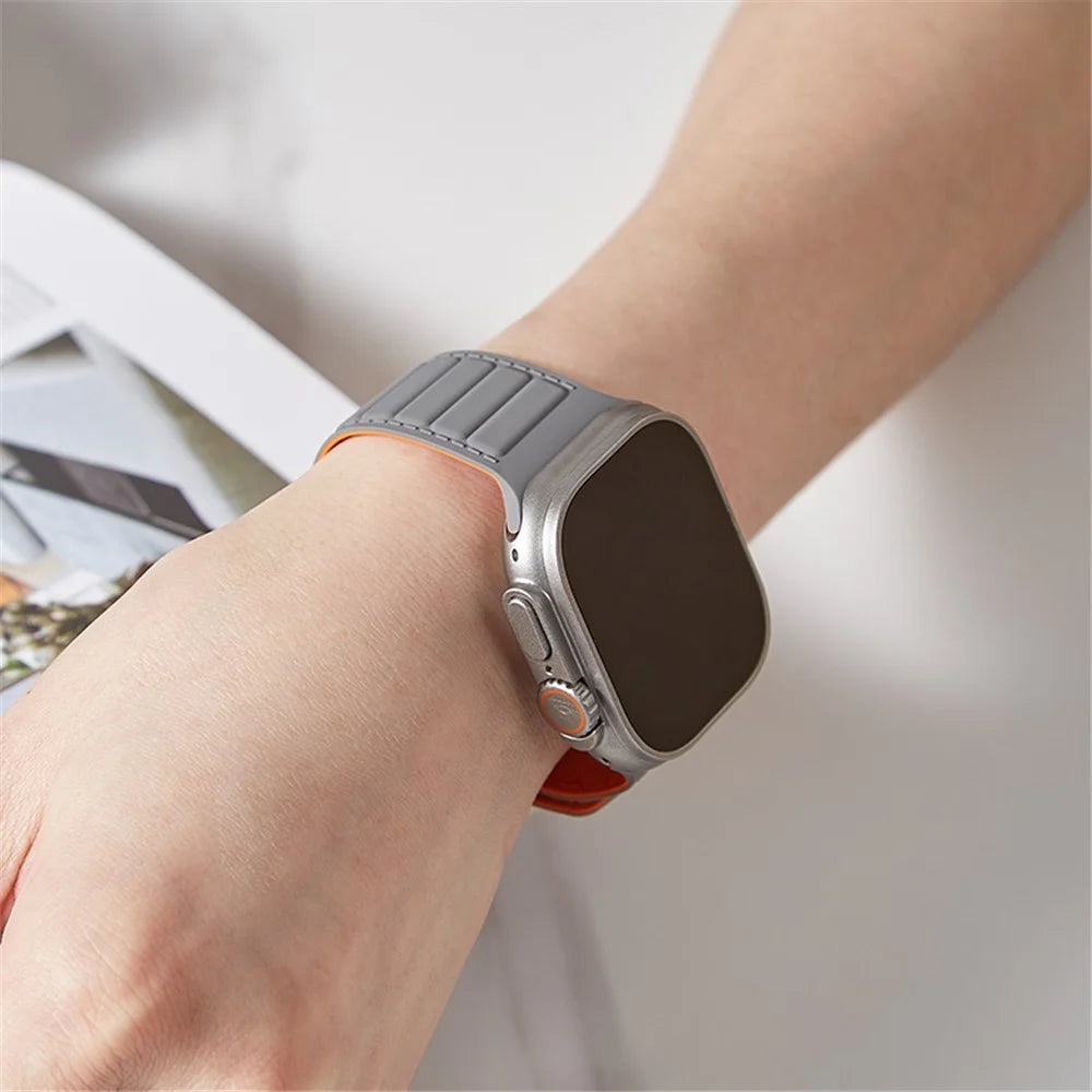 Watch Strap for Apple Watch Series 11 10 42mm / 9 8 7 41mm / SE3 SE2 SE 6 5 4 40mm / 3 2 1 38mm Magnetic Silicone Color Match Watchband - Grey / Orange - 7