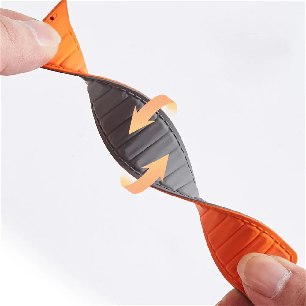 For Apple Watch Ultra 3 2 1 49mm / Series 11 10 46mm / 9 8 7 45mm / SE3 SE2 SE 6 5 4 44mm / 3 2 1 42mm Silicone Band Color Match Magnetic Watch Strap - Grey / Orange - 4