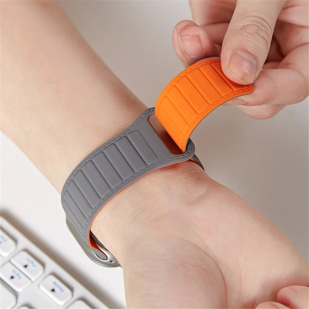 For Apple Watch Ultra 3 2 1 49mm / Series 11 10 46mm / 9 8 7 45mm / SE3 SE2 SE 6 5 4 44mm / 3 2 1 42mm Silicone Band Color Match Magnetic Watch Strap - Grey / Orange - 5