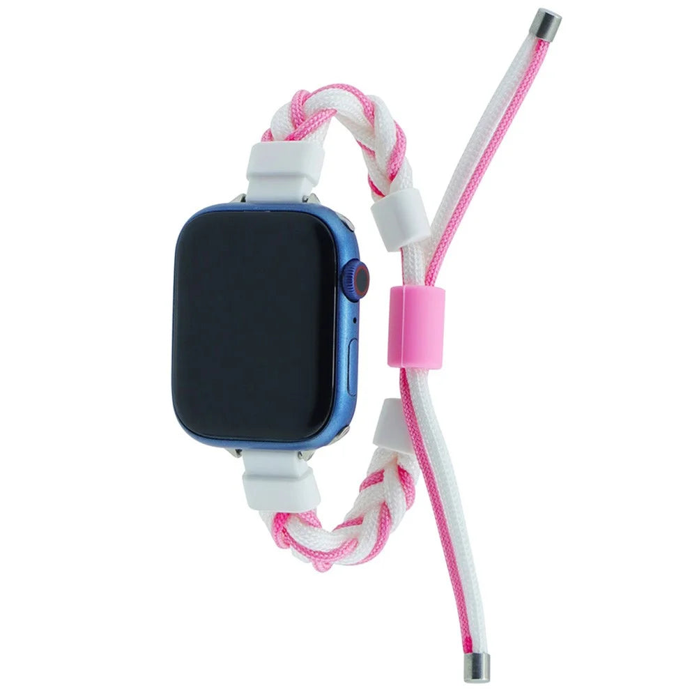 Watch Band for Apple Watch Ultra 3 2 1 49mm / Series 11 10 46mm / 9 8 7 45mm / SE3 SE2 SE 6 5 4 44mm / 3 2 1 42mm Silicone Loop Braided Nylon Strap - White+Pink - 2
