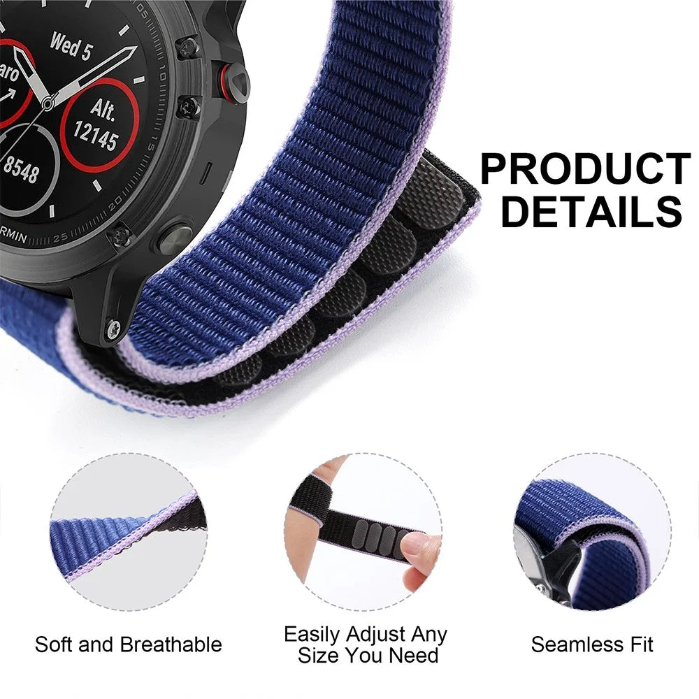 For Garmin Tactix 7 Pro / Fenix 7X / Fenix 6X Pro Stitching Watch Strap 26mm Adjustable Loop Nylon Wrist Band - Blue+Black - 5